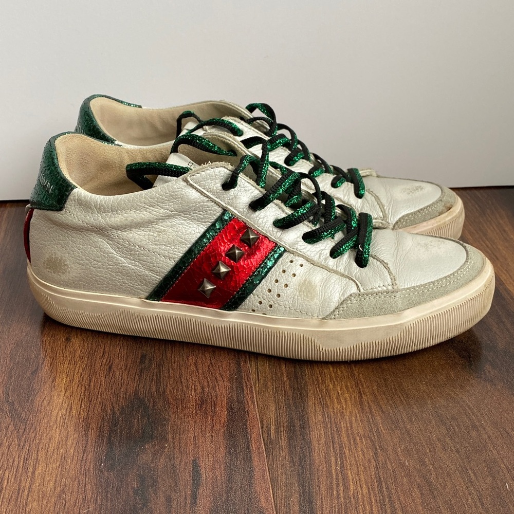 Leather Crown Distressed Low Studded Sneaker Glitter Green and Red Italy 2009